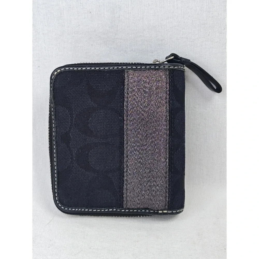 COACH 40751 Legacy Signature Stripe Bifold Compact Wallet Glitter Black Canvas